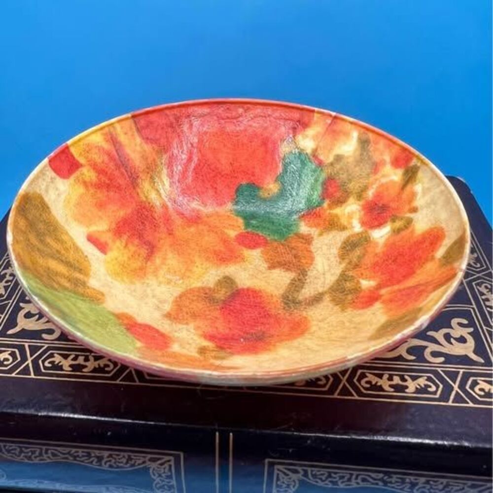 Fiberglass Floral Orange Yellow Bowl Vintage Retro MCM 1960s
